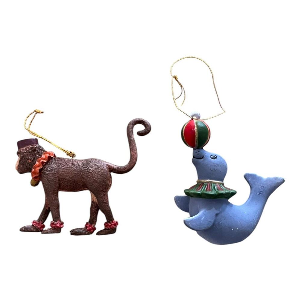 Vintage Circus Monkey & Circus Seal w/ball on Nose Christmas‎ Ornament Resin EUC